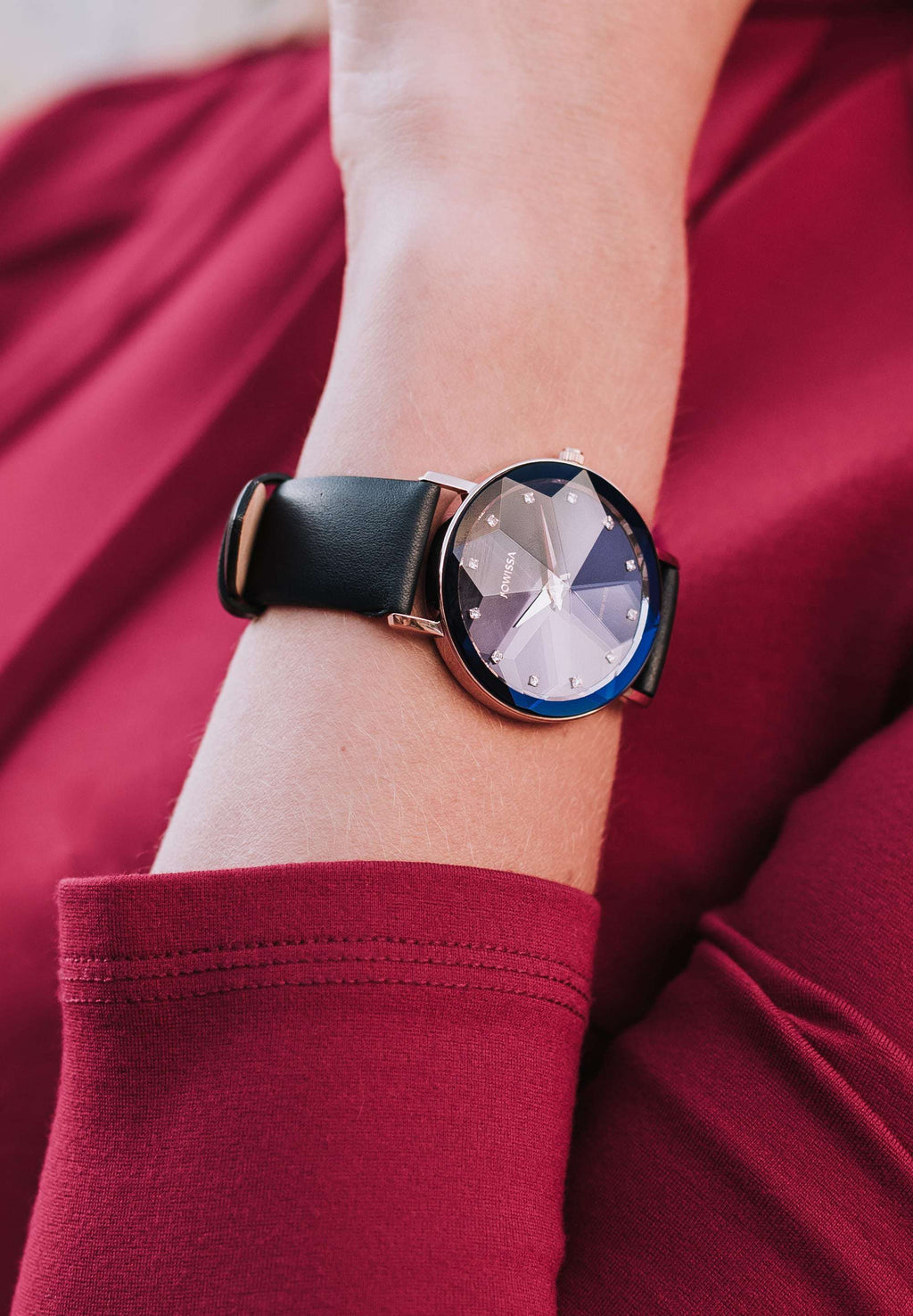 Blue swiss watch for ladies - with black strap and blue dial - all swiss made watch for women