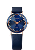 Blue watch facet for ladies - with blue leather strap and blue dial and gold details - all swiss made