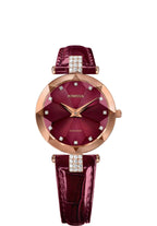 Red swiss watch with red leather strap and gold details in the front - all swiss made watch for ladies