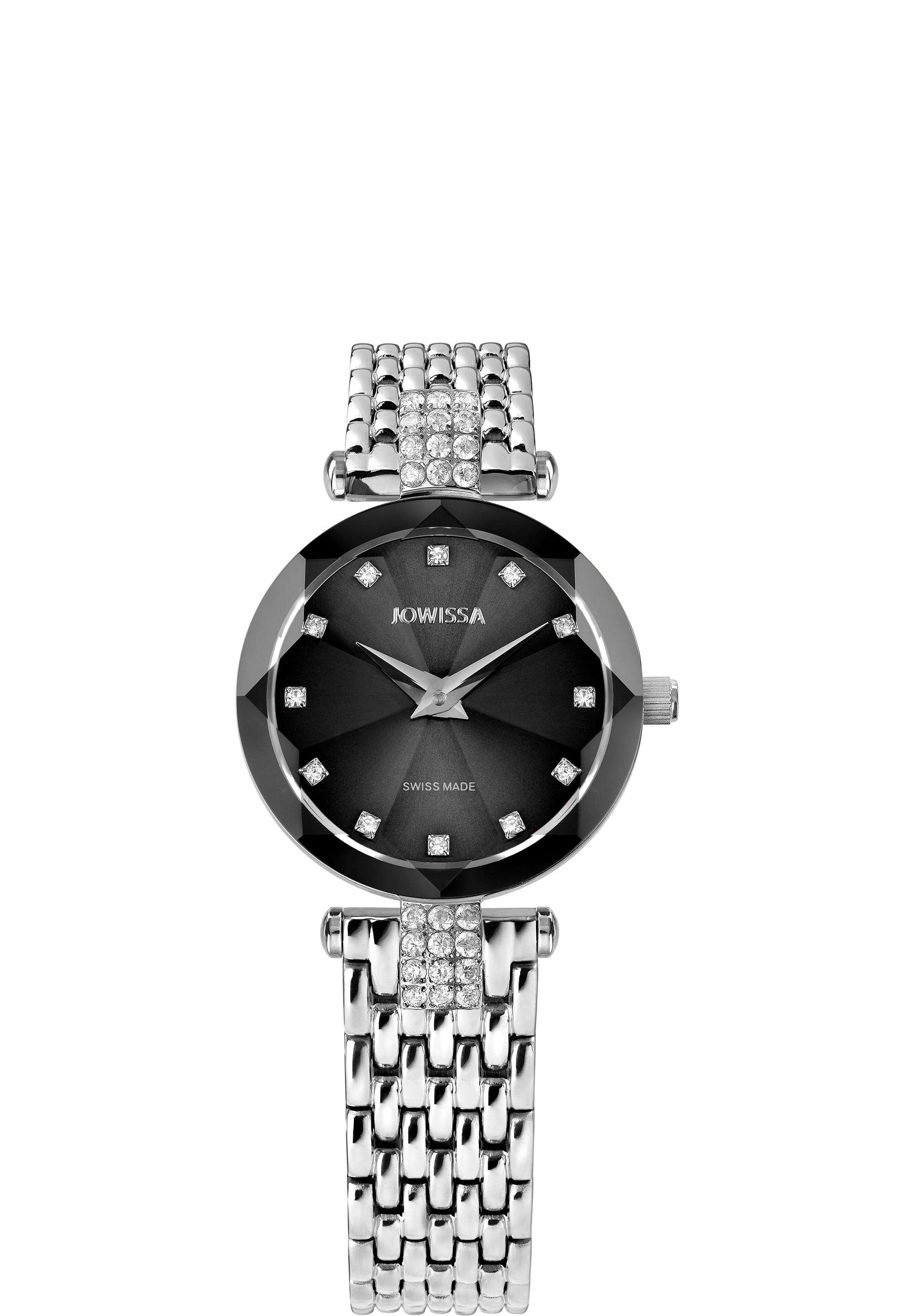 Reloj suizo para mujer, con correa plateada y esfera negra, fabricado íntegramente en Suiza.