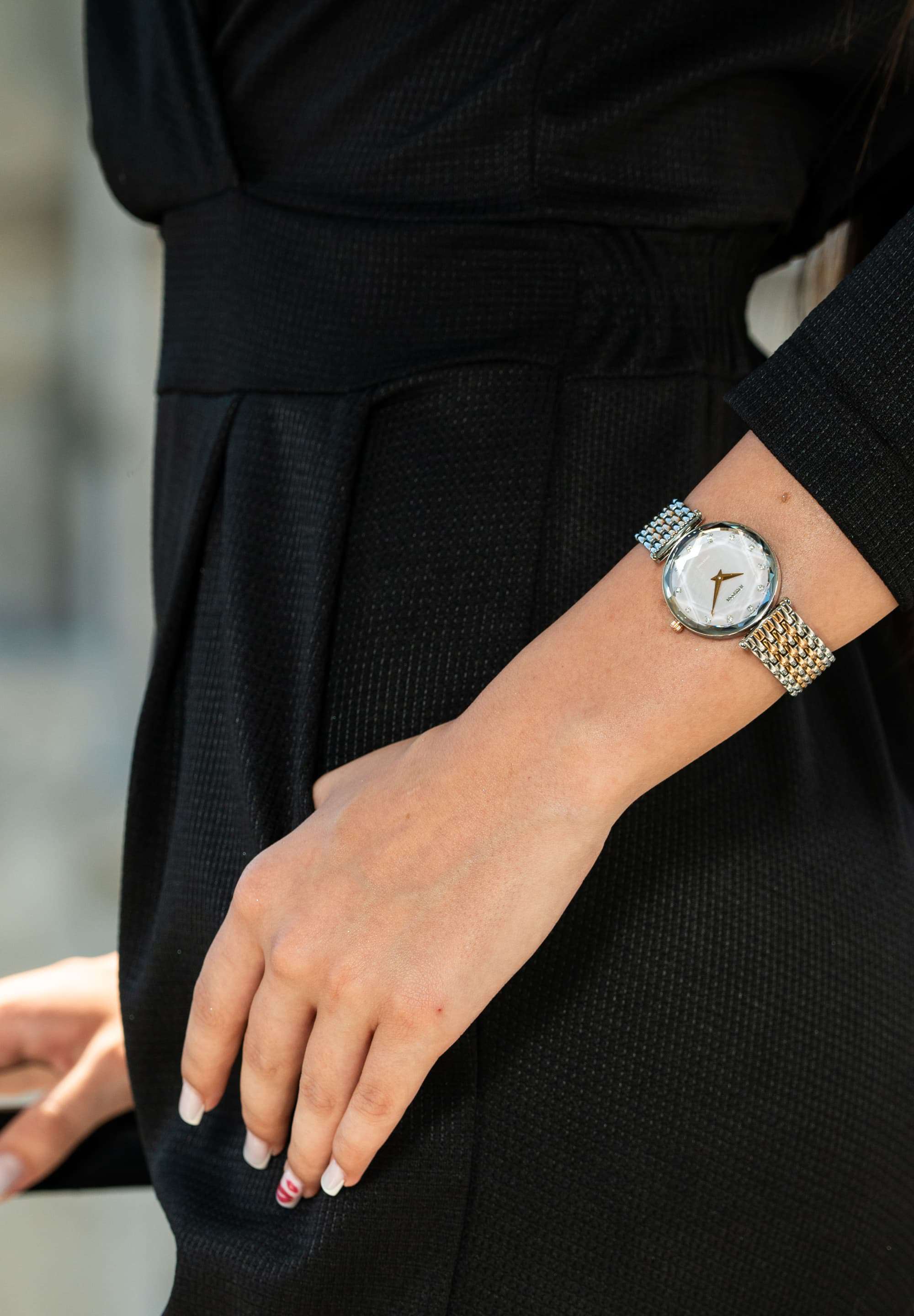 Silver and gold swiss watch for ladies - all swiss made watch for women with silver and gold details in the strap and light pink dial 