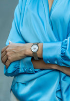 Swiss ladies watch with gold and silver strap and light pink dial - all swiss made watch for women