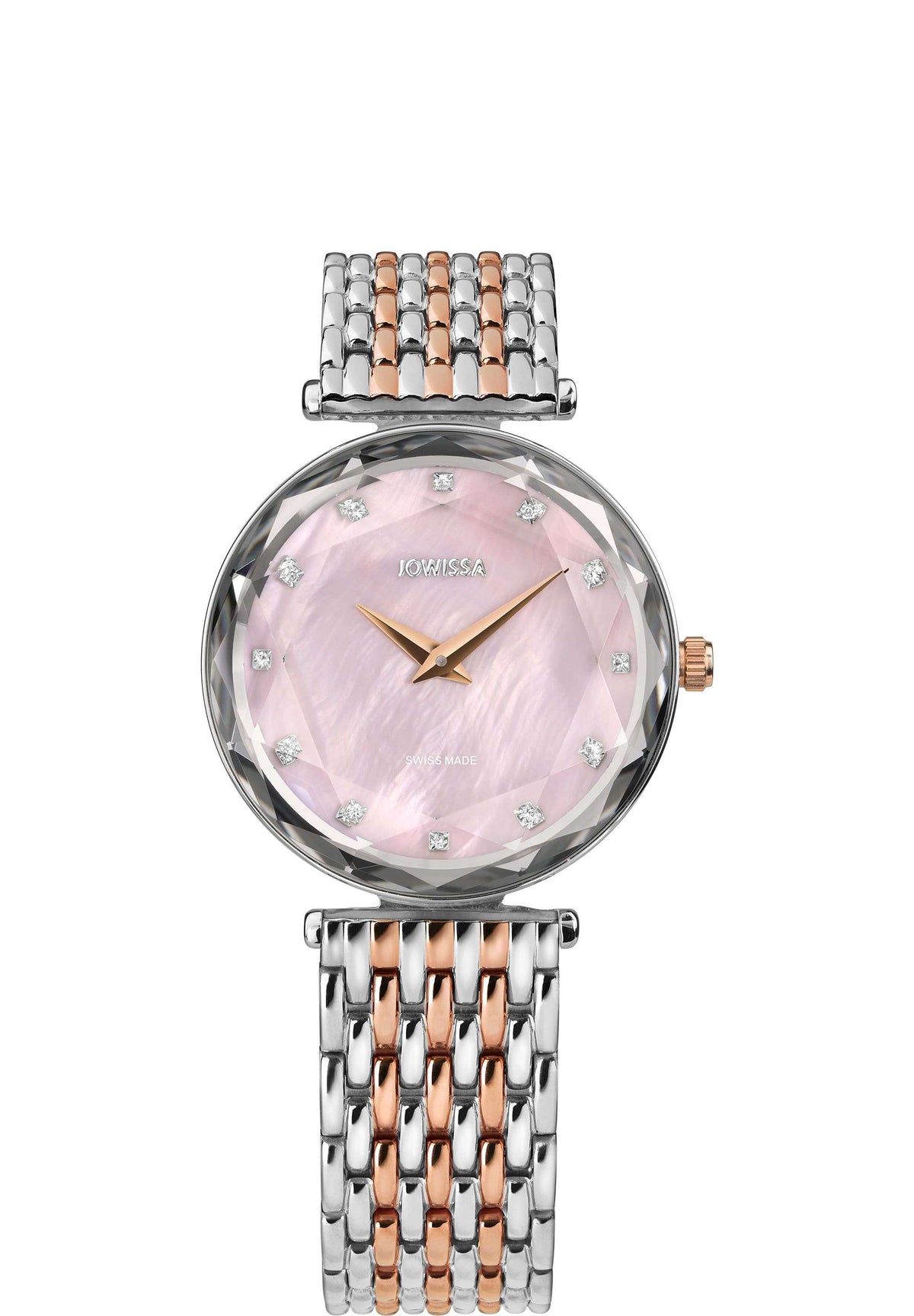 Montre suisse pour femme avec bracelet argenté, détails dorés, cadran rose clair et détails dorés - montre 100% suisse.