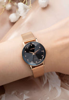 Facet swiss black watch for women - all swiss made for ladies watch - with gold strap and black dial