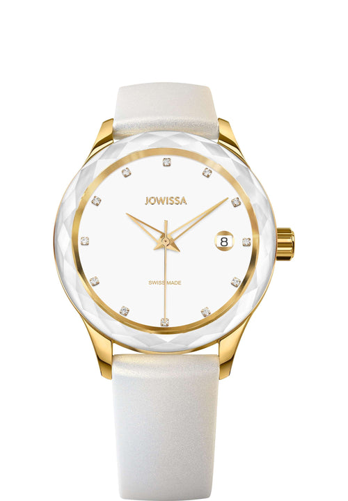 J6.246.M Jowissa Tiro 38mm, Swiss Made Ladies Watch gold / white, Steel Case and Silicone Strap Front View - Swiss Made Damenuhren, gold / white, Stahlgehäuse und Armband aus Silikon, Vorderseite - Swiss made Montre, or / blanc, boîtier en acier et bracelet en silicone, Vue de face - Fabbricato in Svizzera, Orologio da donna, oro, cassa in acciaio e cinturino in vera silicone, vista frontale - Elaborado en Suiza, reloj de señoras, oro, caja de acero y correa de silicon