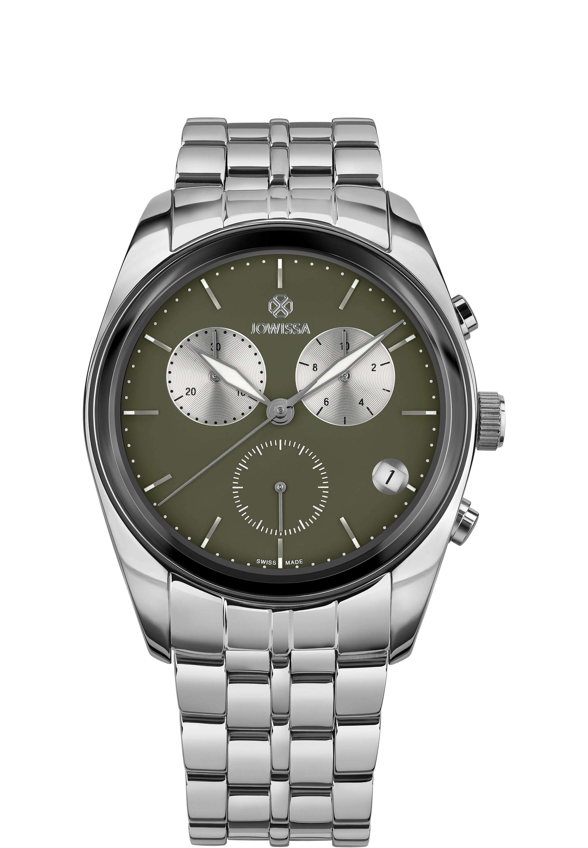 Silver swiss watch for men - has silver strap and green dial - all swiss made watch for men