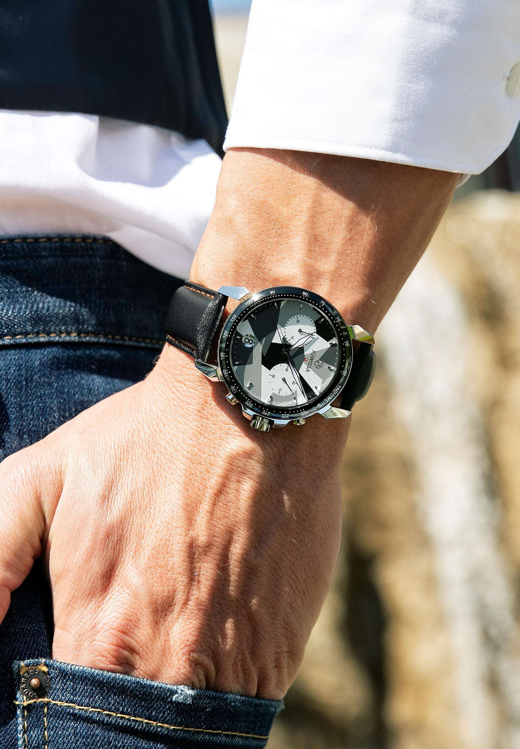 Black swiss watch for men - all swiss made with black strap and black and white dial - made in switzerland