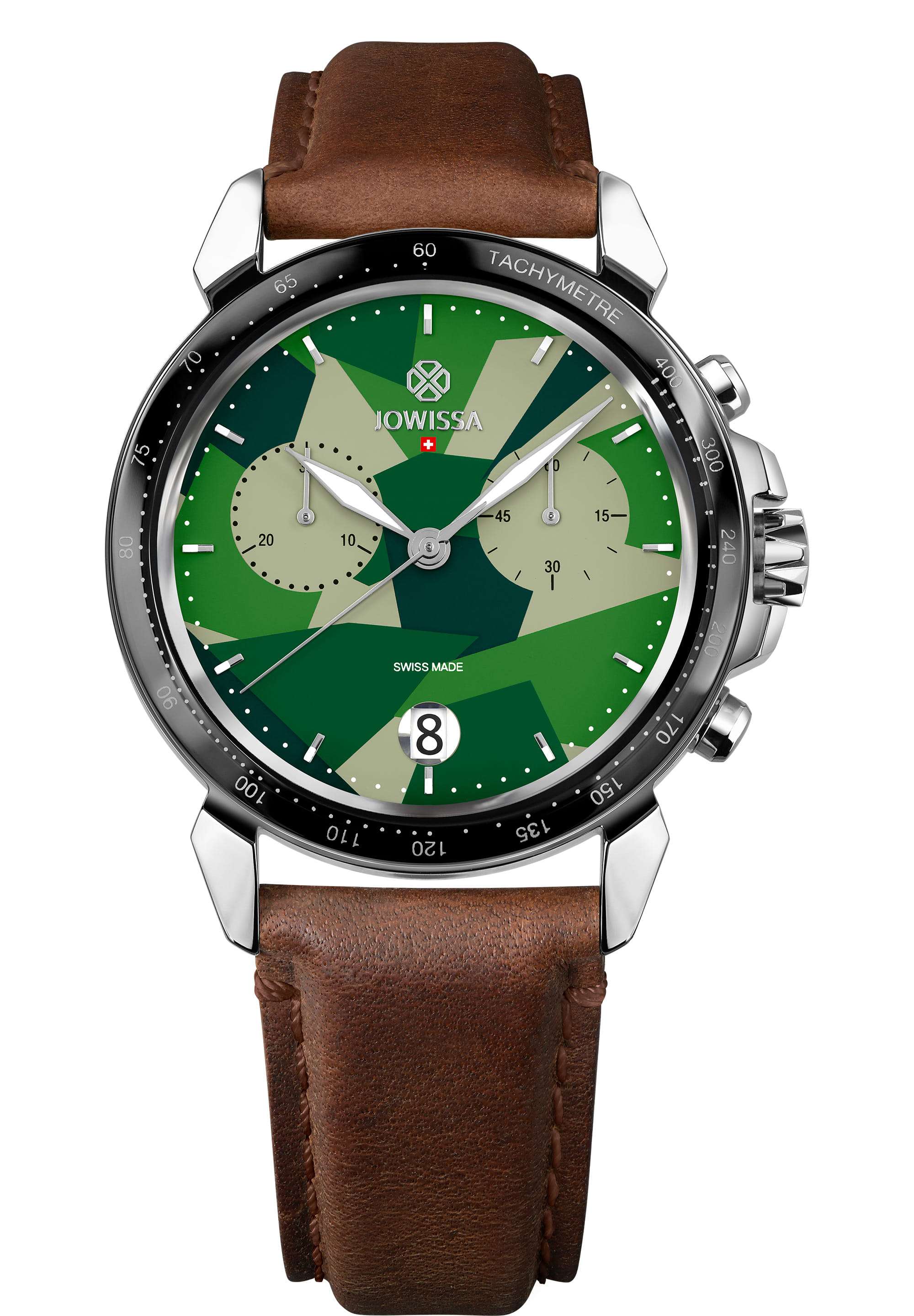 All swiss made lewy 15 watch for men - has brown strap and green dial with black details in the front