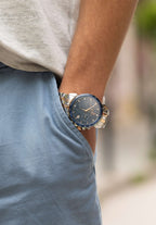 Swiss men watch with gold and silver details on the strap and blue dial - watch made for men - all swiss made