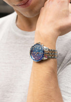 J7.121.L silver watch for men with blue dial and silver strap, swiss men watch all made in swiss has gold details on strap