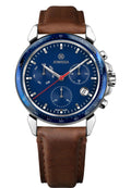 Brown swiss watch for gentlemen with brown leather strap and blue dial -has silver details in the front - all swiss made