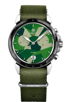 Green watch for men with green strap and different colors of green on the dial - with blue and silver details in the front - all swiss made