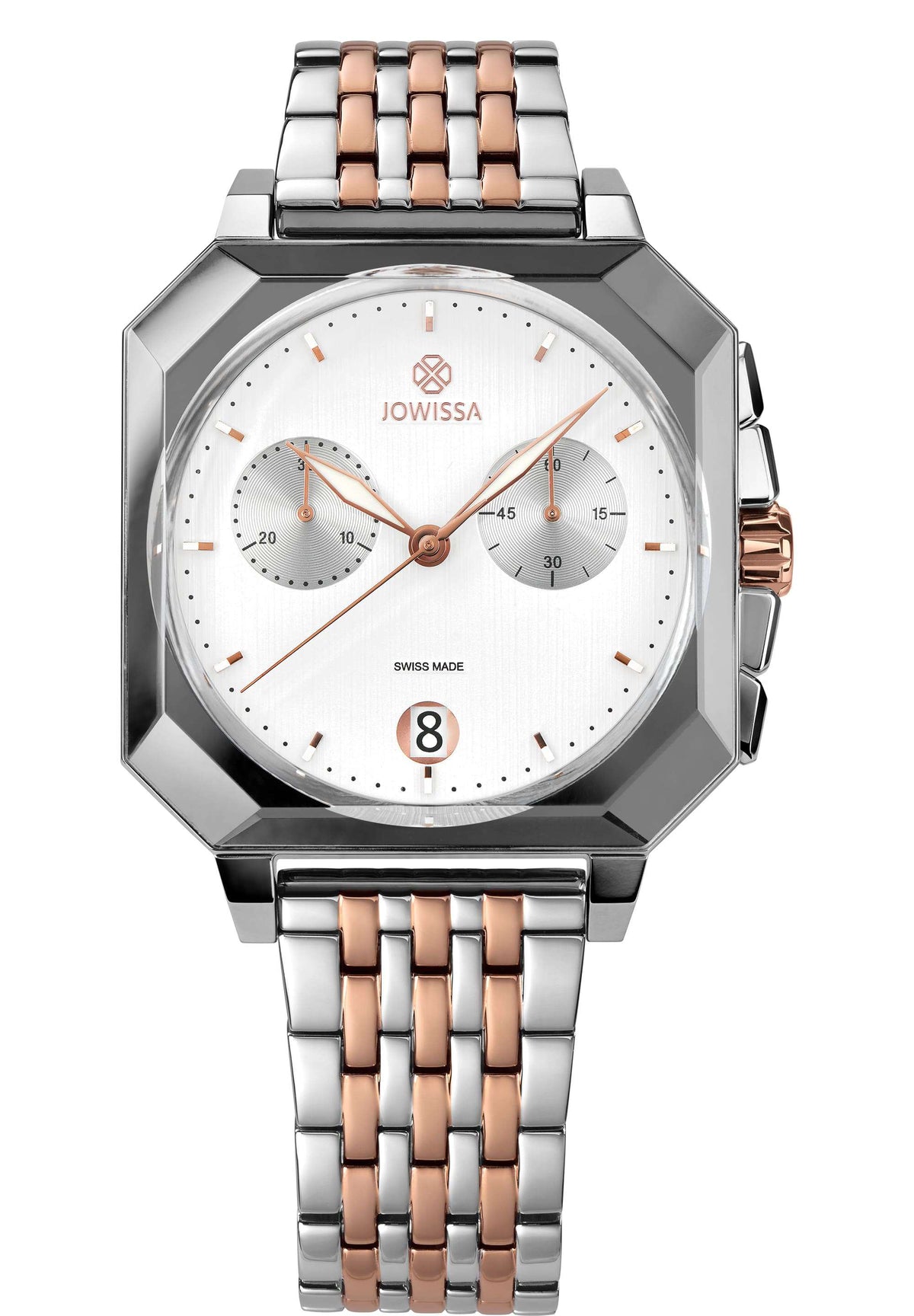 J7.144.L Front View of a Octa 6 Swiss Watch Chronograph by Jowissa White Bicolor Rose Steel