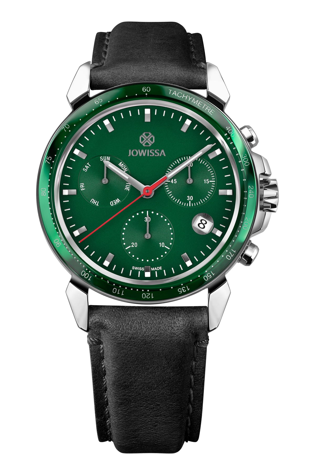 J7.159.L swiss black and green watch for men - all swiss made watch with black leather strap and green dial - all swiss made