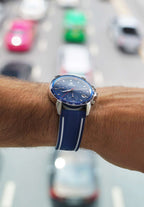 Blue watch for men - with blue leather strap and blue dial with silver details in the front - all swiss made