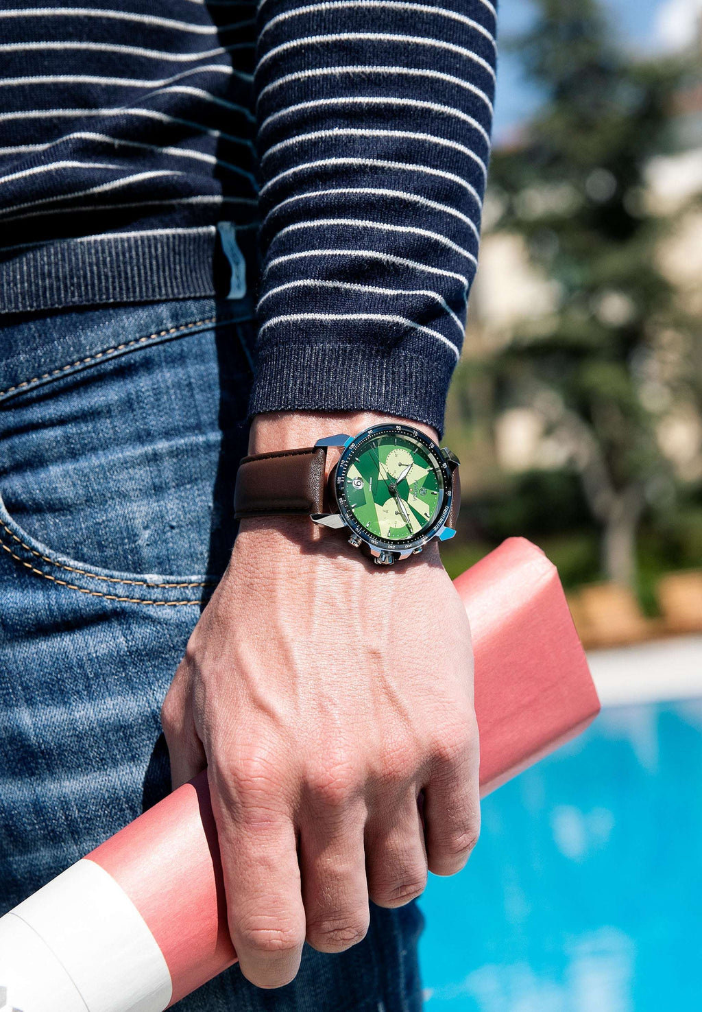 Brown and green swiss watch for men - with brown strap and green dial made for men - made in switerland watch