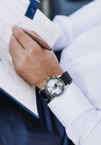 modern classic swiss made men watch with dark blue nylon strap and a dial with different shades of blue. Waterproof Chronograf