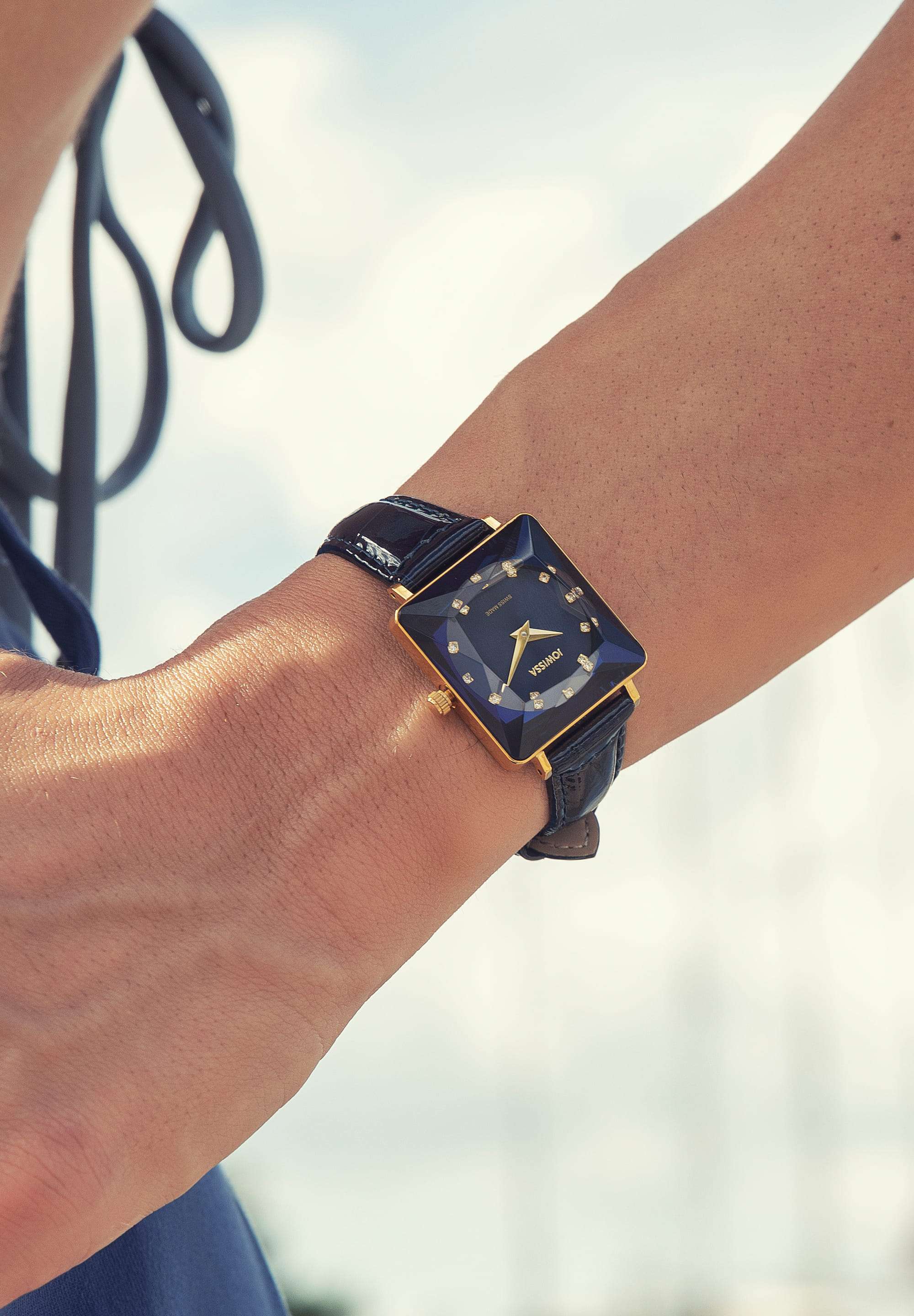 womens dress watch Facet Princess Dark Blue Leather Dress Watch for Women Rectangle Dial 25mm Swiss Made J8.061.M