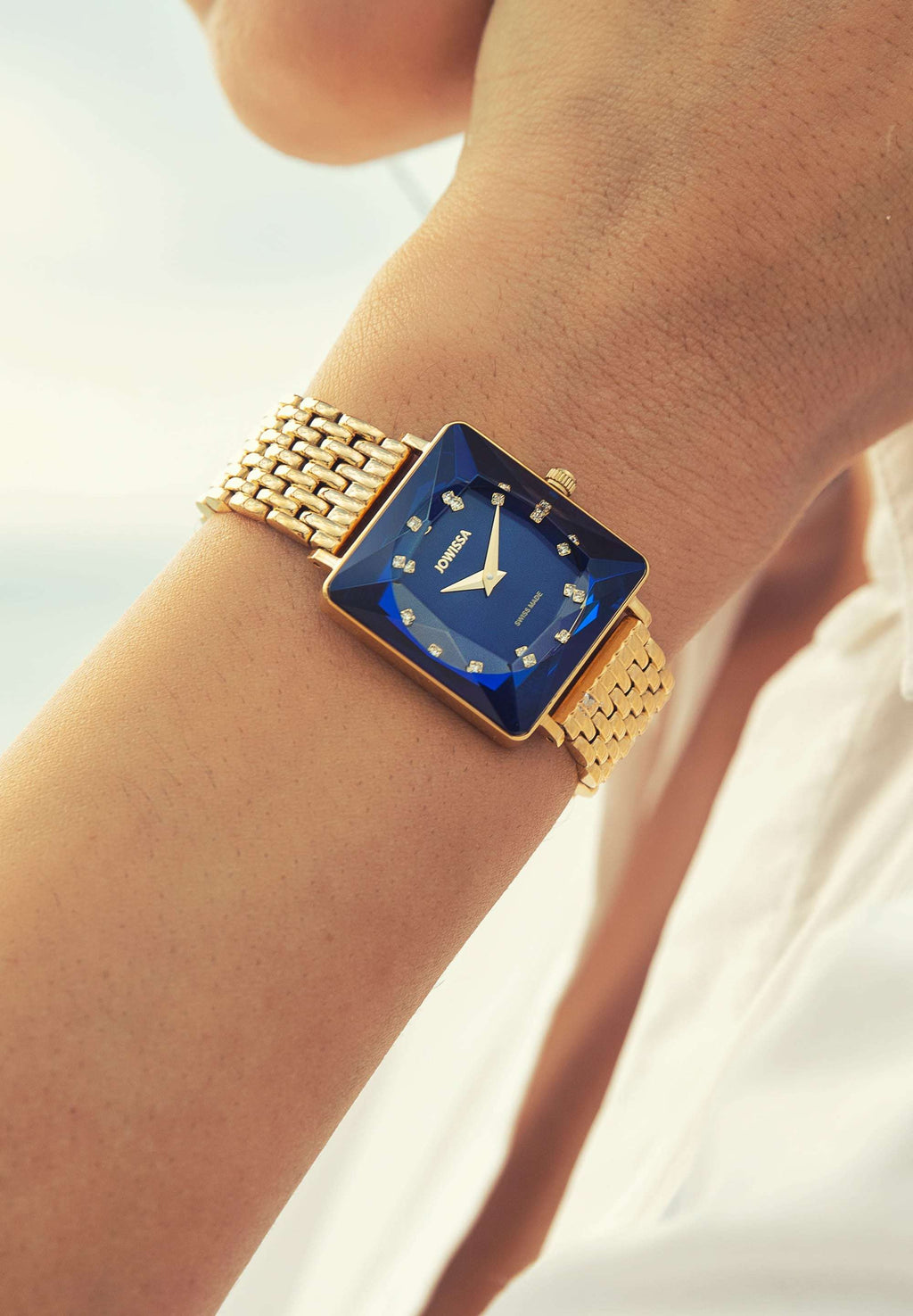 Swiss womens watch with gold strap and blue dial - all swiss made 