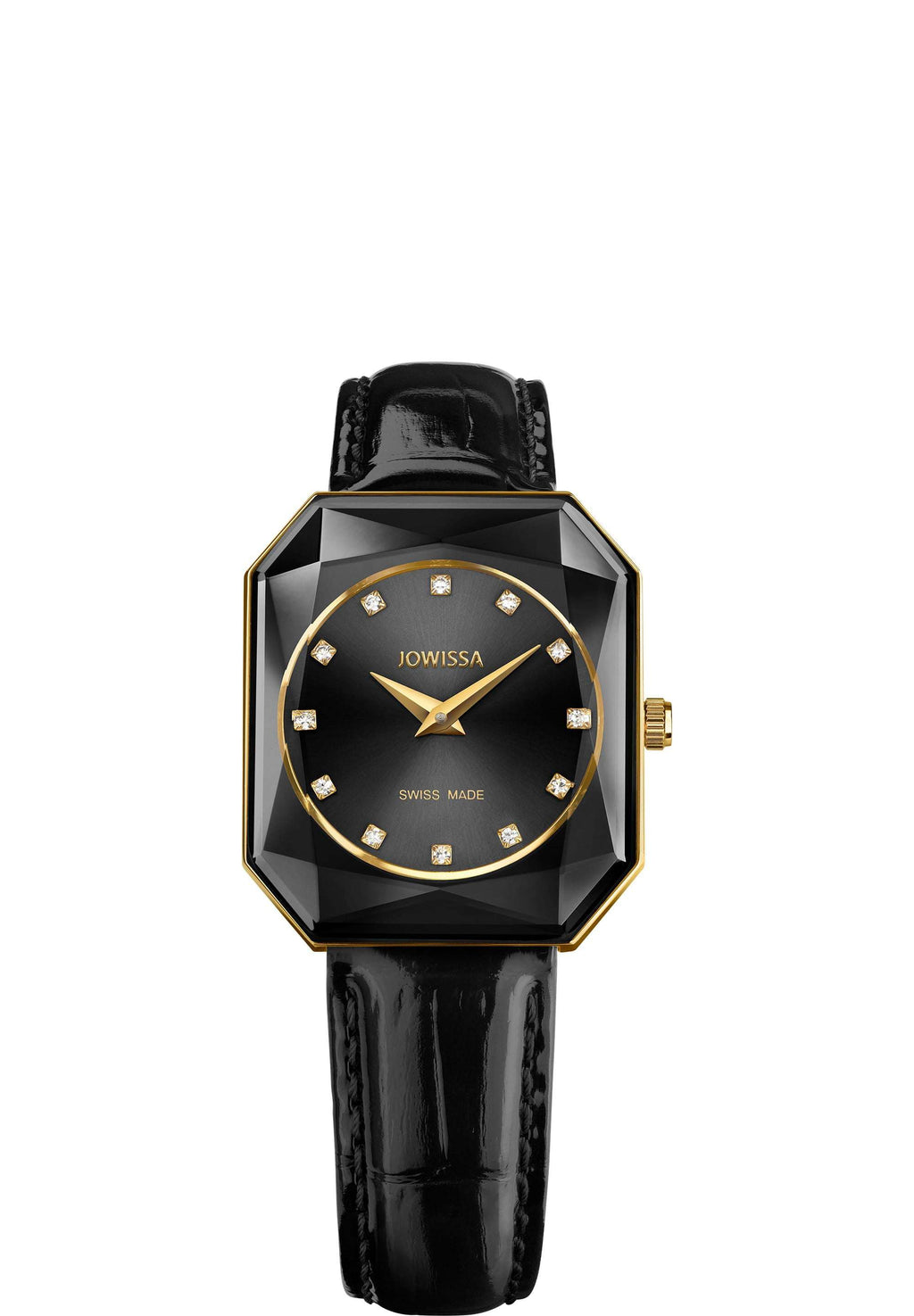 Black swiss watch for women - with black leather strap and black dial with gold details in the front  - all swiss made