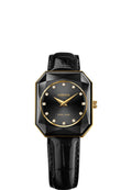 Black swiss watch for women - with black leather strap and black dial with gold details in the front  - all swiss made