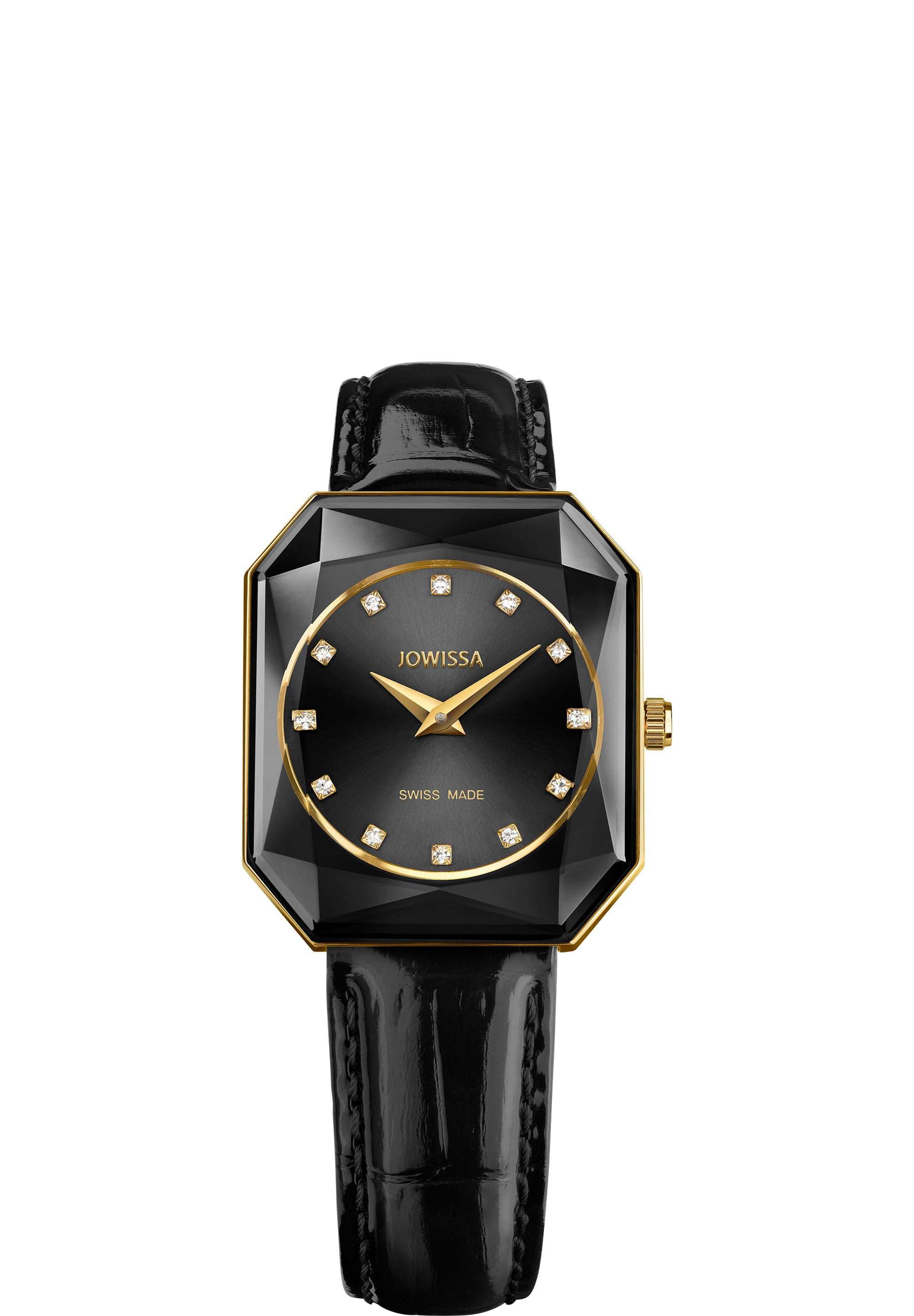 Black swiss watch for women - with black leather strap and black dial with gold details in the front  - all swiss made