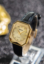 Swiss ladies watch with black leather strap and gold dial - all swiss made watch for women