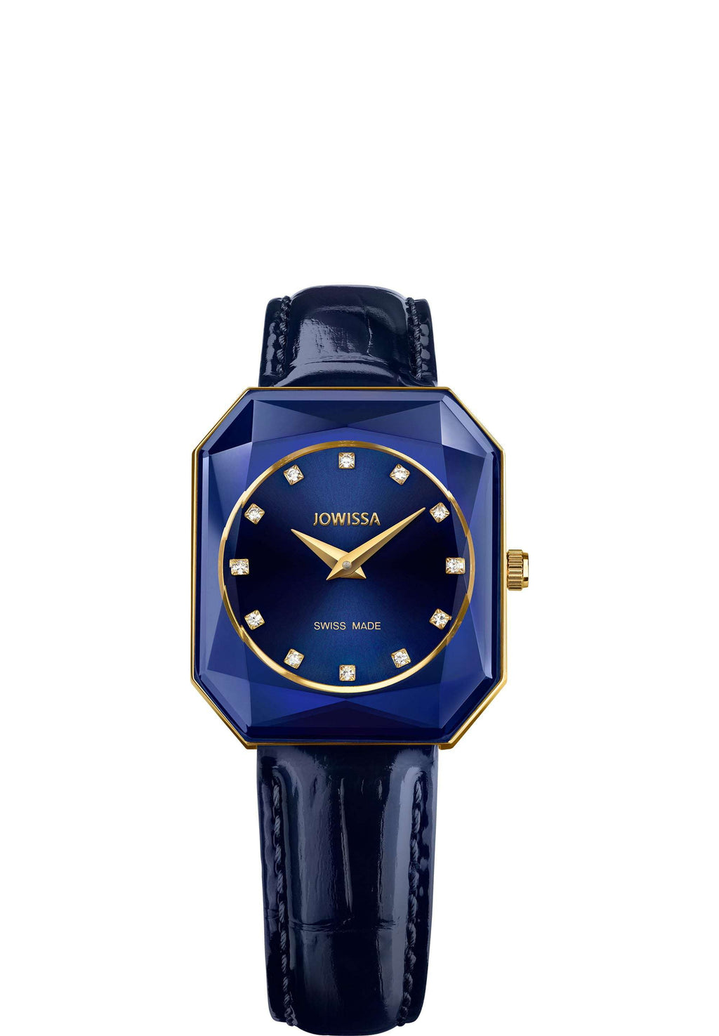 Blue swiss watch with blue strap and dial and gold details in the front - all swiss made watch for ladies
