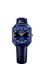 Blue swiss watch with blue strap and dial and gold details in the front - all swiss made watch for ladies