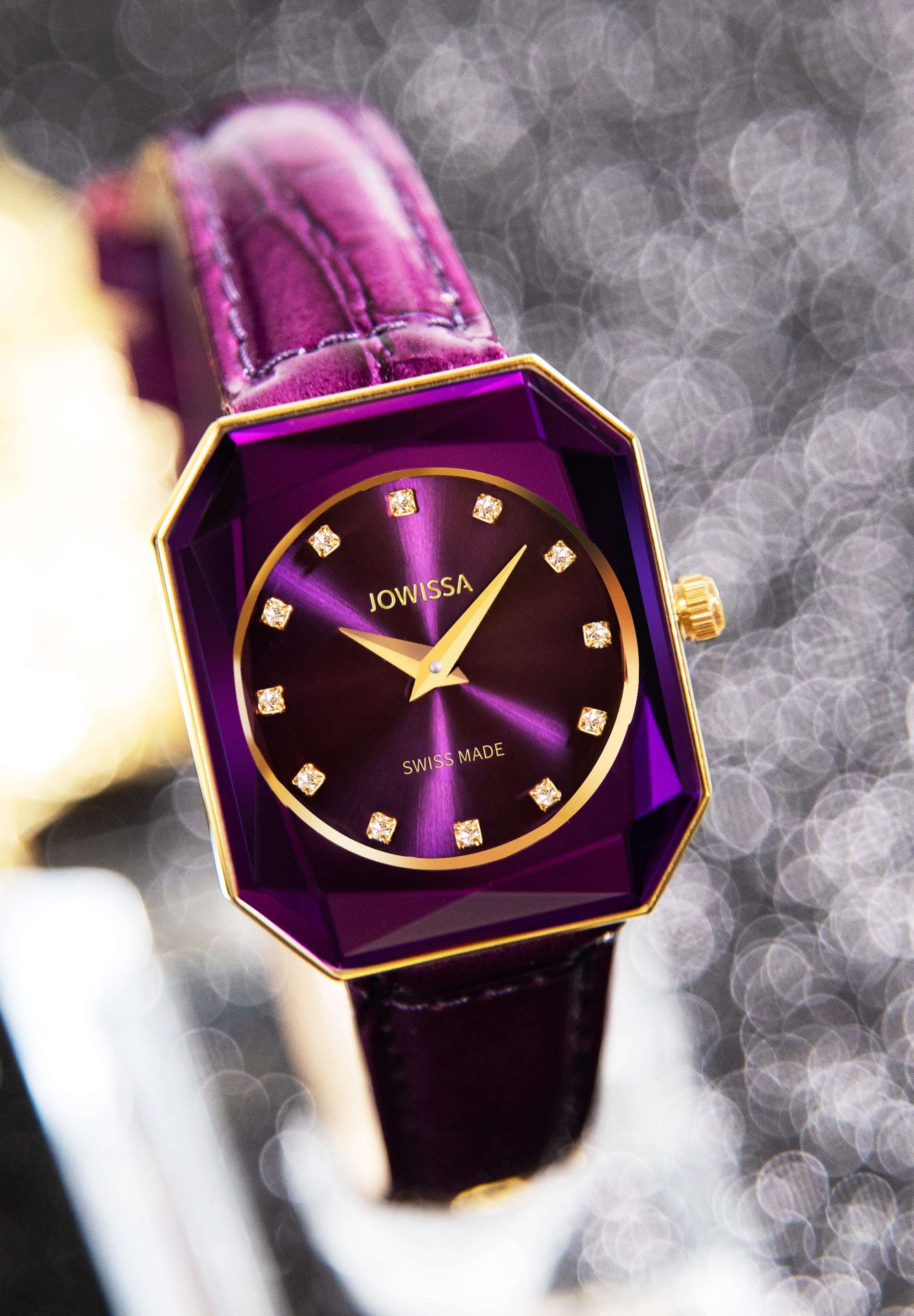 Purple ladies watch - with gold details in the front purple strap and dial - all swiss made watch for ladies