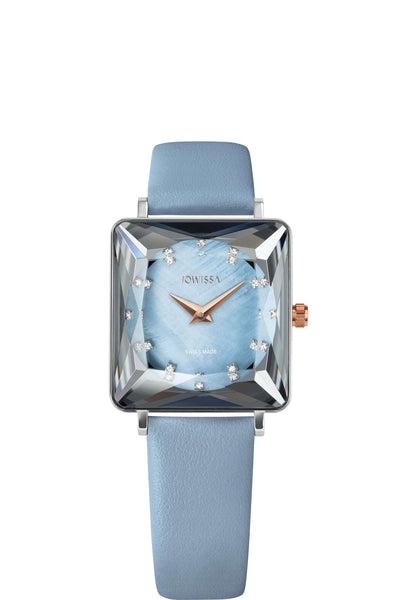 Facet Princess Diamond Cut Ice Blue Dial Square Women's Leather