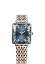 J8.781.M swiss womens watch with gold and silver strap and blue dial with gold details in the front - all swiss made watch