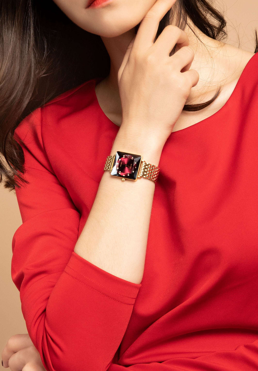 Swiss womens watch  - with gold strap and red dial - all swiss made watch for ladies