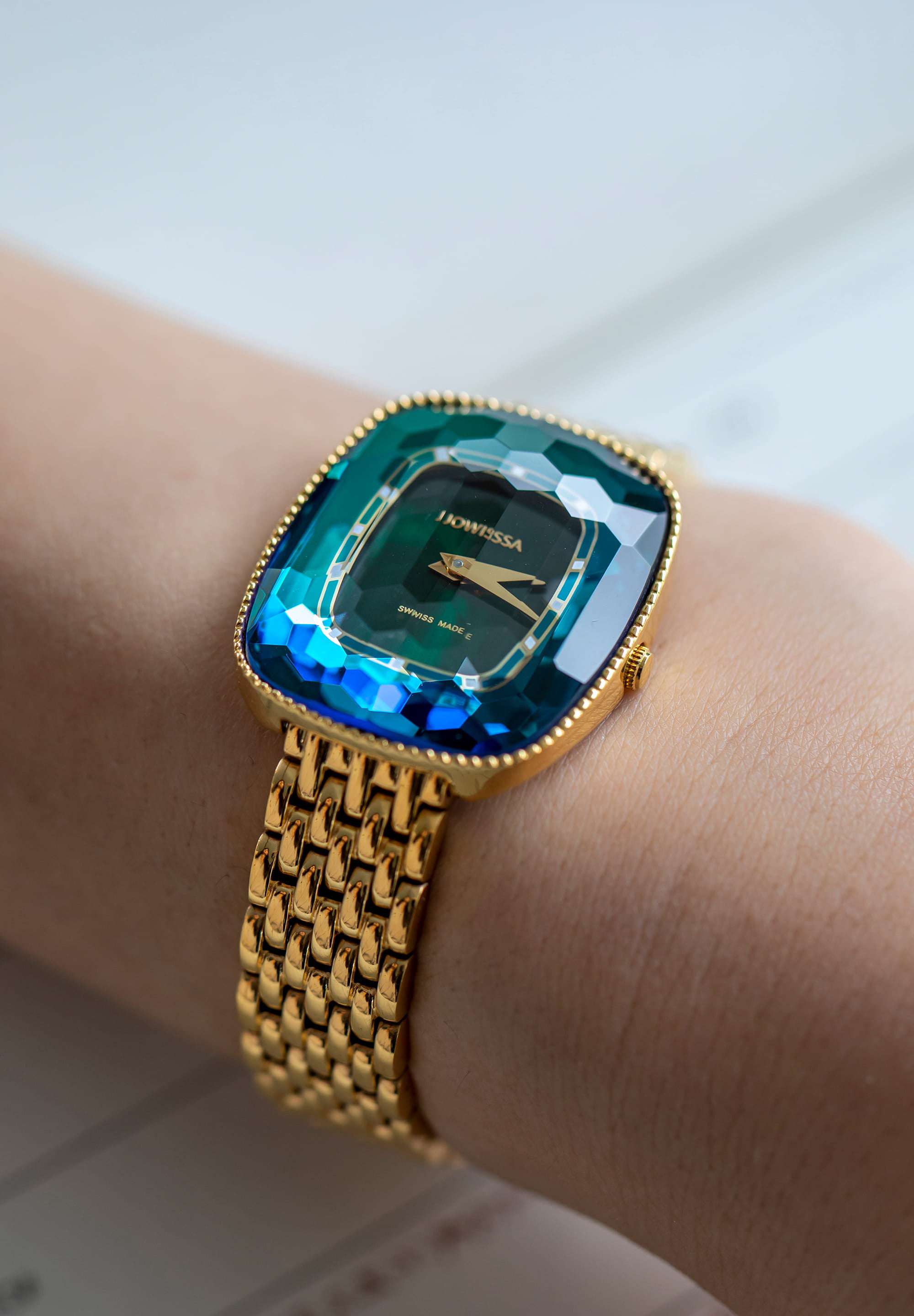 Swiss womens watch with gold strap and green dial - all swiss made watch for ladies