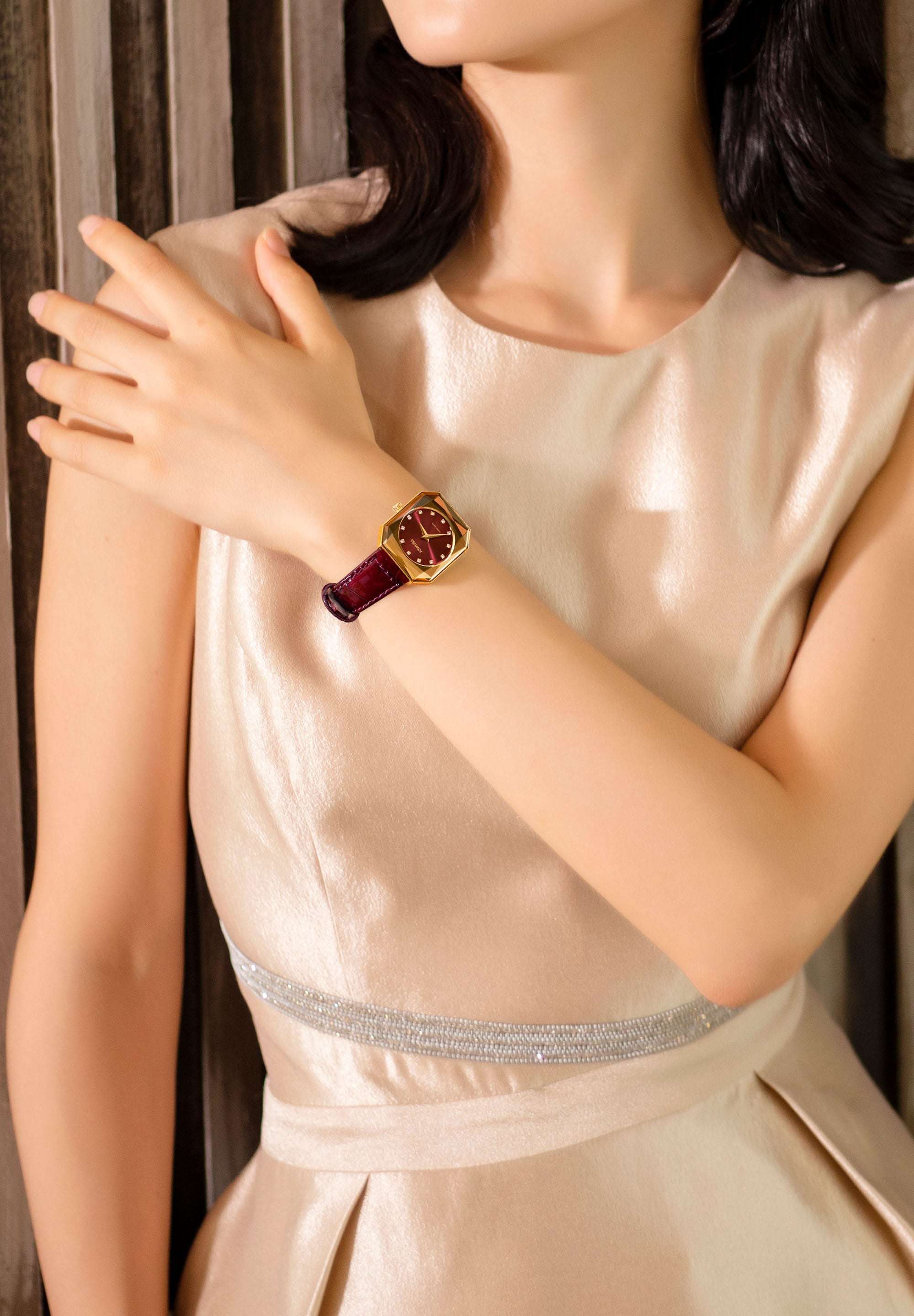 Red swiss watch for women - with red strap and dial with gold details in the front - all swiss made watch for ladies