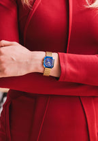 gold blue jowissa swiss made ladies watch with golden stainless steel bracelet. Modern womens fashion watch with a special rectangle form