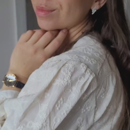 Swiss Roma watch with black leather strap and black dial with gold details - all swiss made watch for women