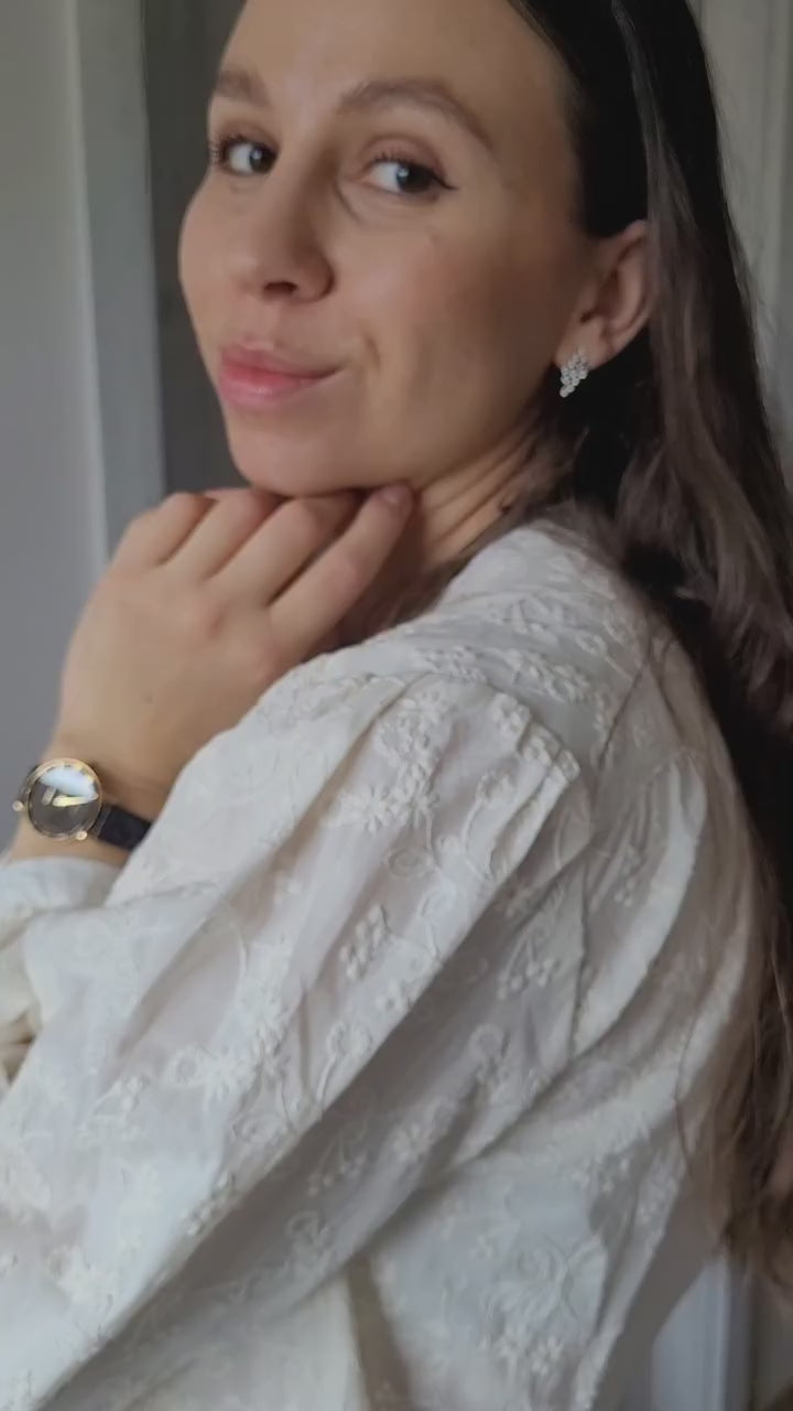 Swiss Roma watch with black leather strap and black dial with gold details - all swiss made watch for women