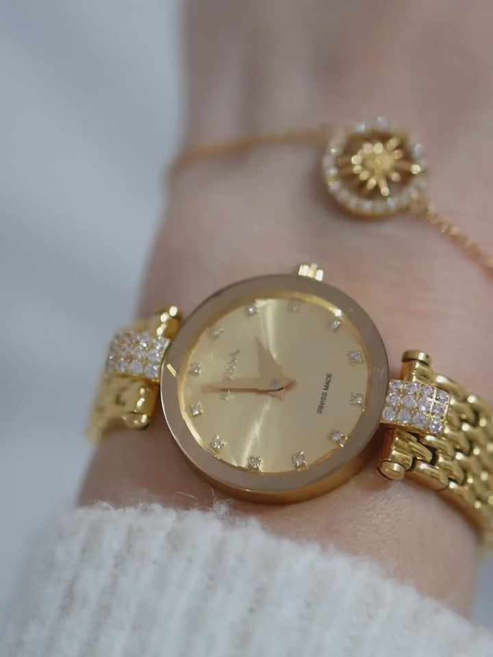 Swiss gold watch for women - with gold strap and gold dial - all swiss made watch for ladies