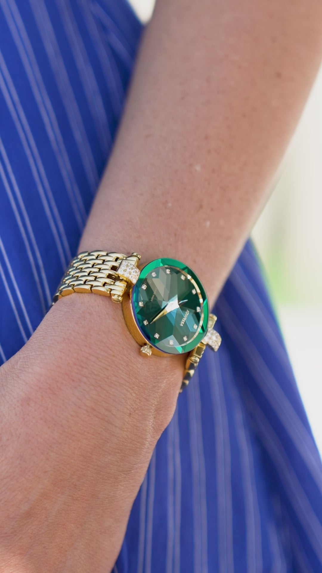 Swiss facet strass green watch for women with gold strap and green dial - all swiss made watch for ladies