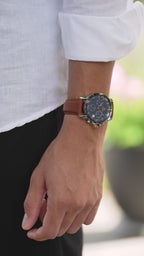Swiss brown lewy 9 watch for men - with brown leather strap and blue dial - all swiss made watch for men