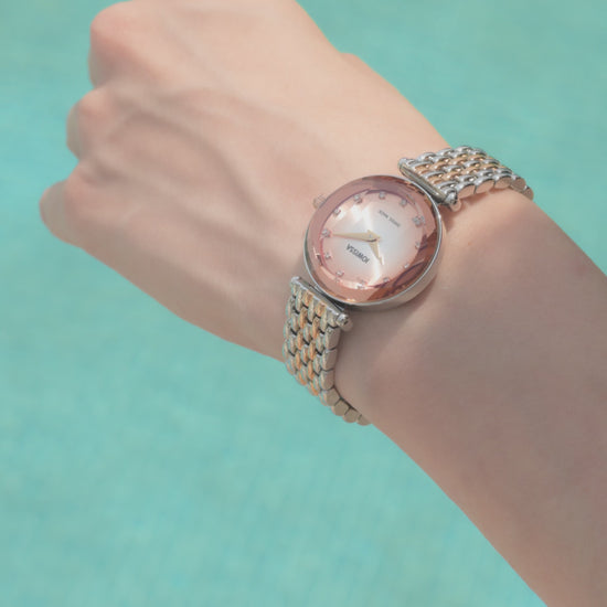 Swiss womens watch with gold and silver strap and gold dial - all swiss made watch for ladies