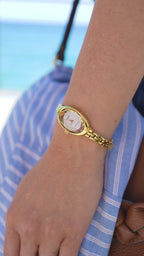 Facet oval petite watch for women - gold swiss watch for ladies with gold strap and gold dial - all swiss made watch for ladies