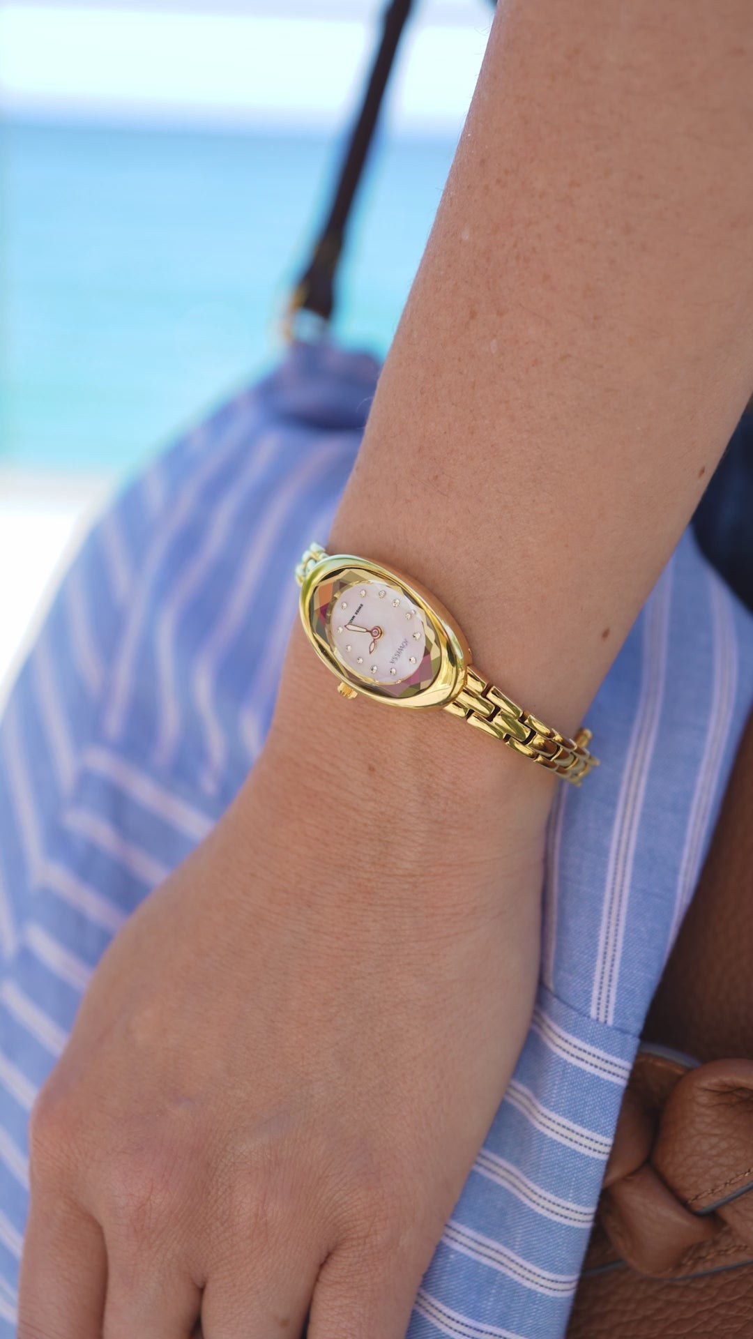 Facet oval petite watch for women - gold swiss watch for ladies with gold strap and gold dial - all swiss made watch for ladies