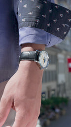 Swiss black watch for men with black leather strap and white dial with details of the moon - all swiss made watch for ladies