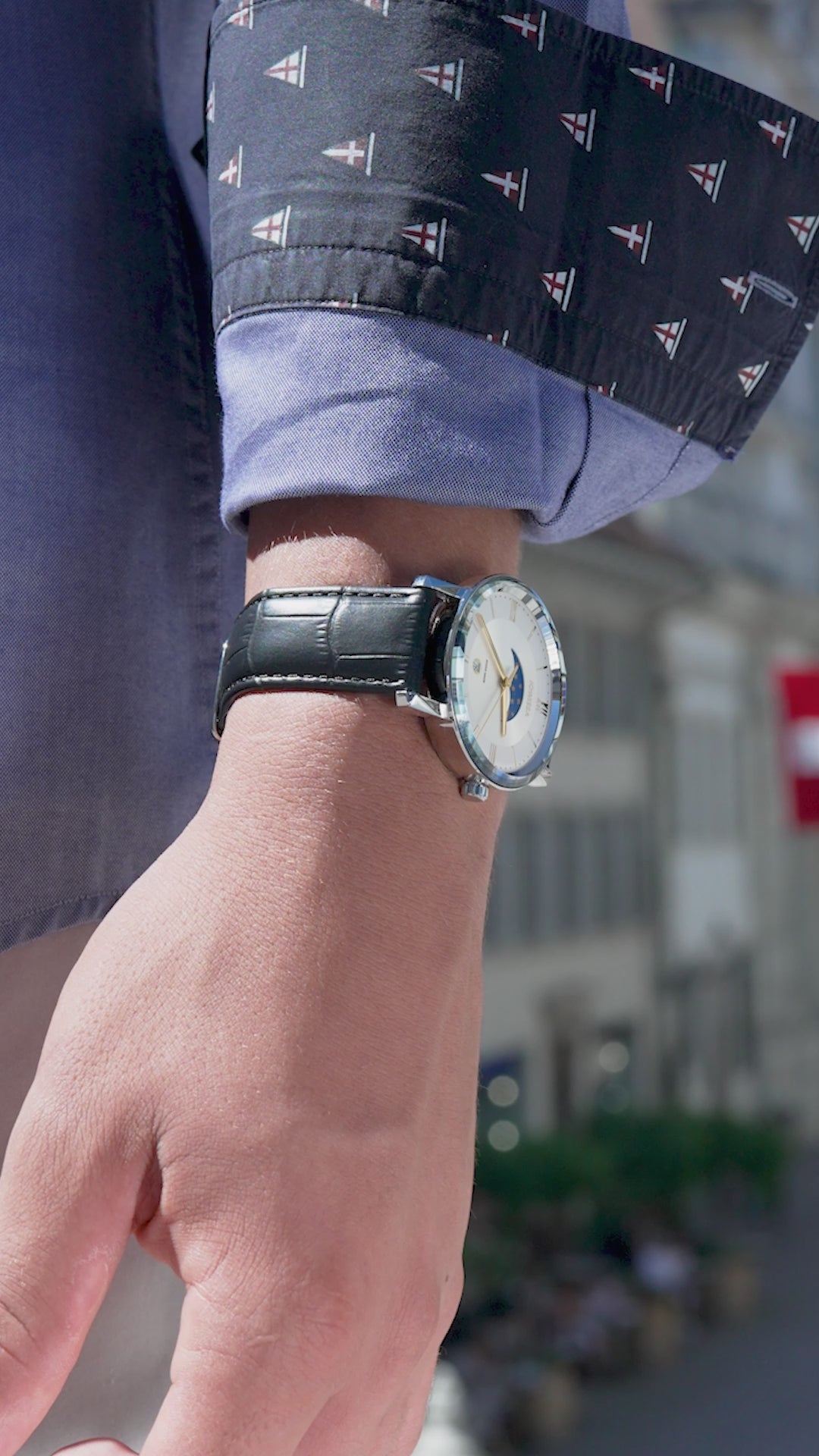 Swiss black watch for men with black leather strap and white dial with details of the moon - all swiss made watch for ladies