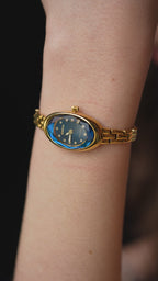 Gold petite watch for women with gold strap and blue dial - all swiss made watch for women