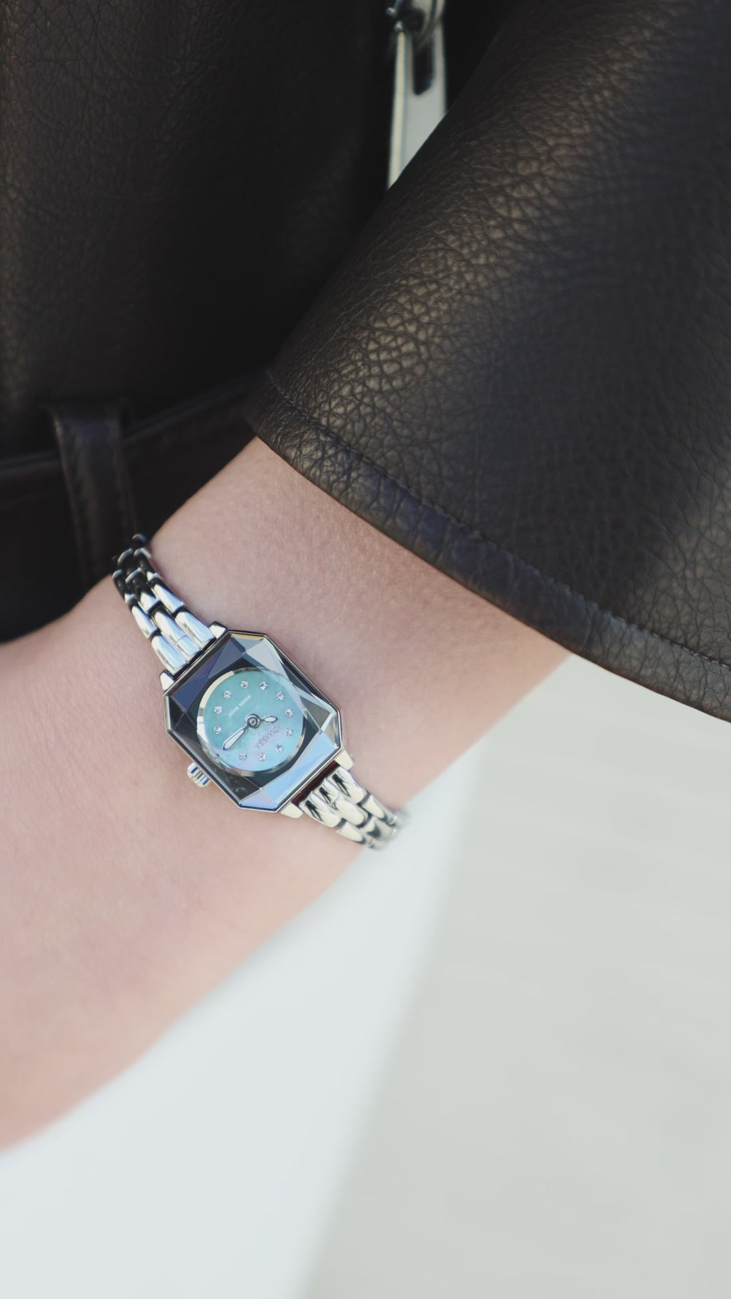 Swiss facet radiant petite watch for women with silver strap and light blue dial - all swiss made watch for women