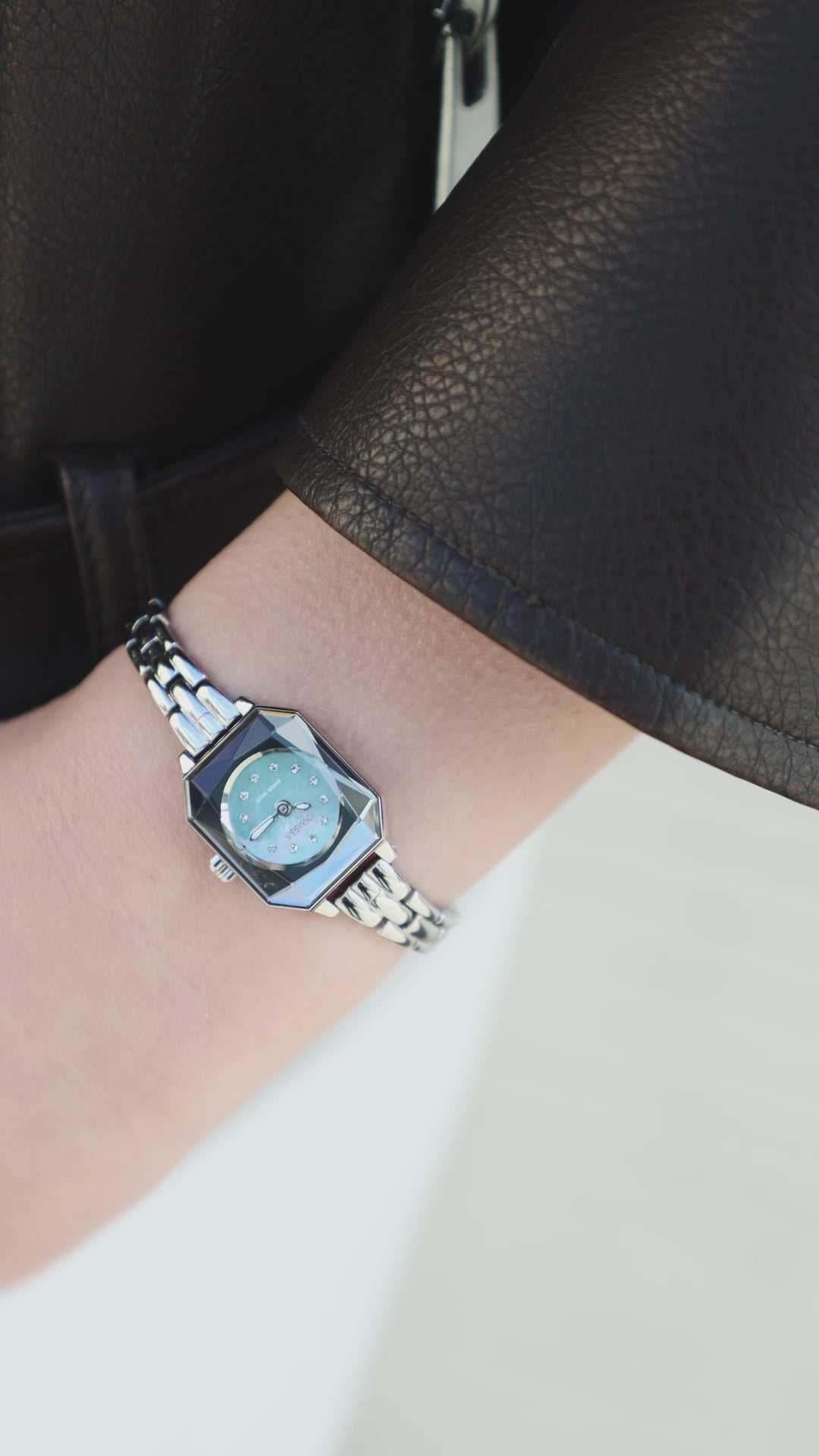 Swiss facet radiant petite watch for women with silver strap and light blue dial - all swiss made watch for women