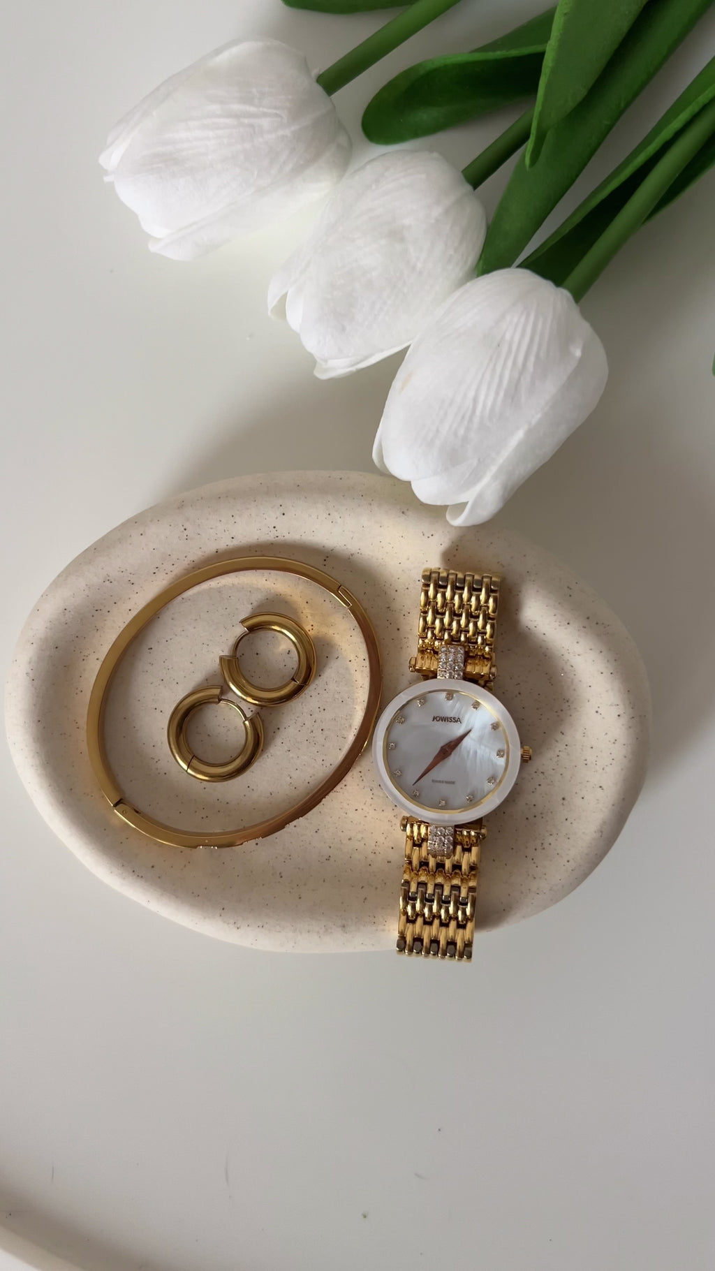 Gold swiss watch for women - with gold strap and white dial - all swiss made watch for ladies